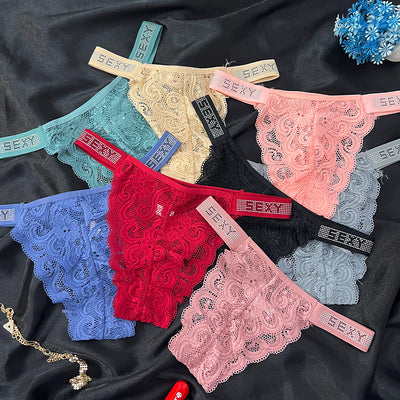 Floral Lace Thong with Crystal Strap Detail