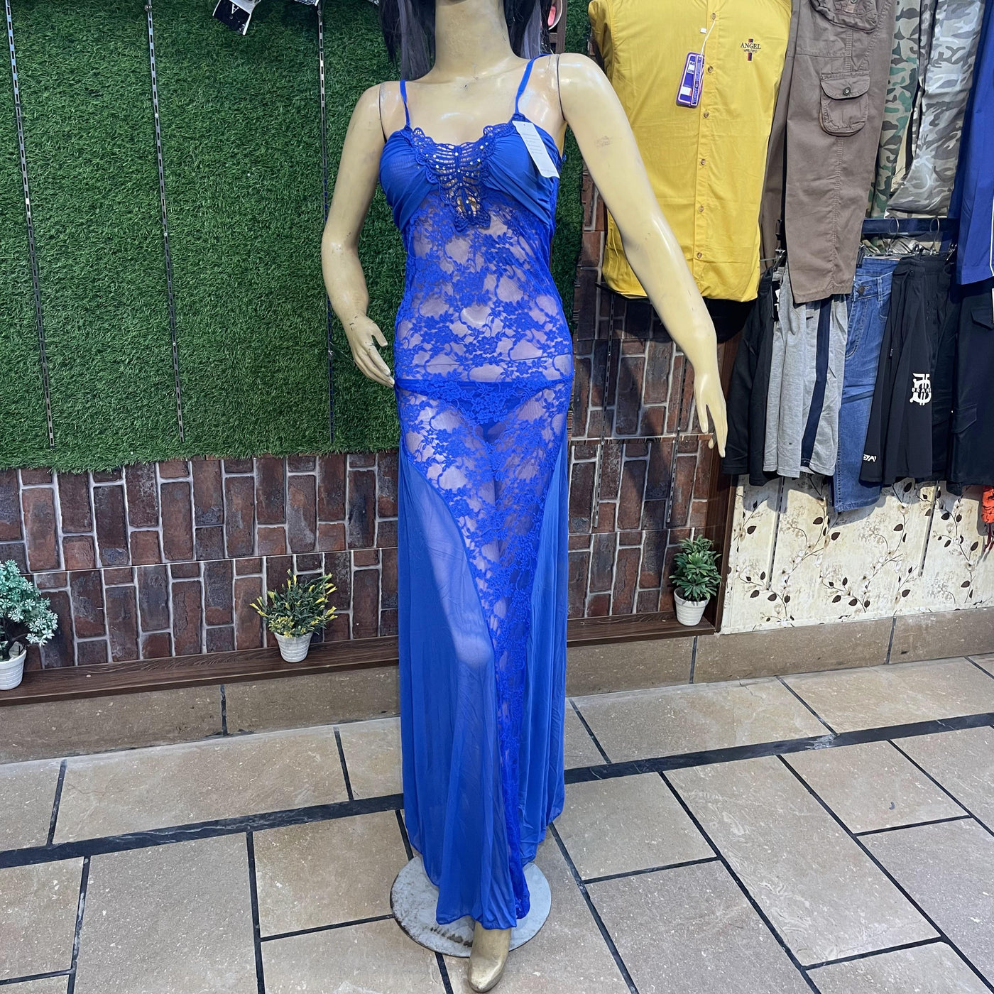 Elegant Royal Blue Sheer Lace Nighty – Premium Soft Net Fabric