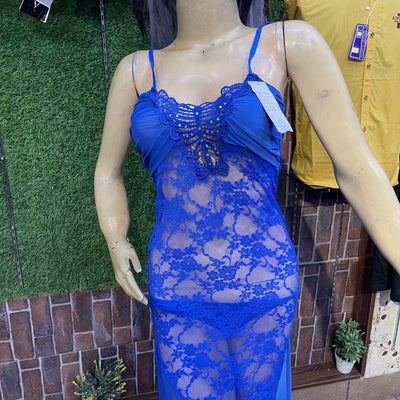 Elegant Royal Blue Sheer Lace Nighty – Premium Soft Net Fabric