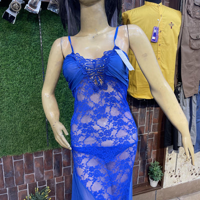 Elegant Royal Blue Sheer Lace Nighty – Premium Soft Net Fabric
