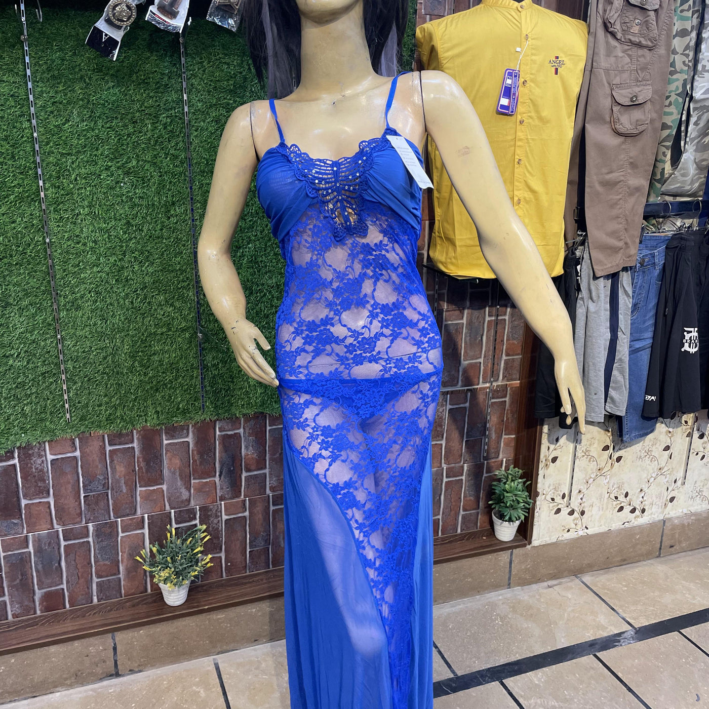 Elegant Royal Blue Sheer Lace Nighty – Premium Soft Net Fabric