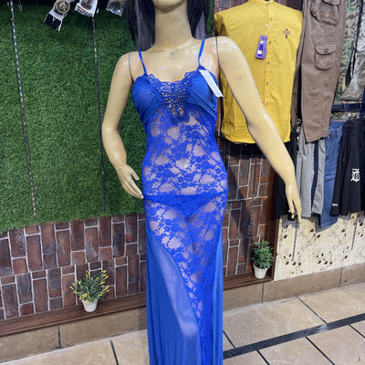 Elegant Royal Blue Sheer Lace Nighty – Premium Soft Net Fabric