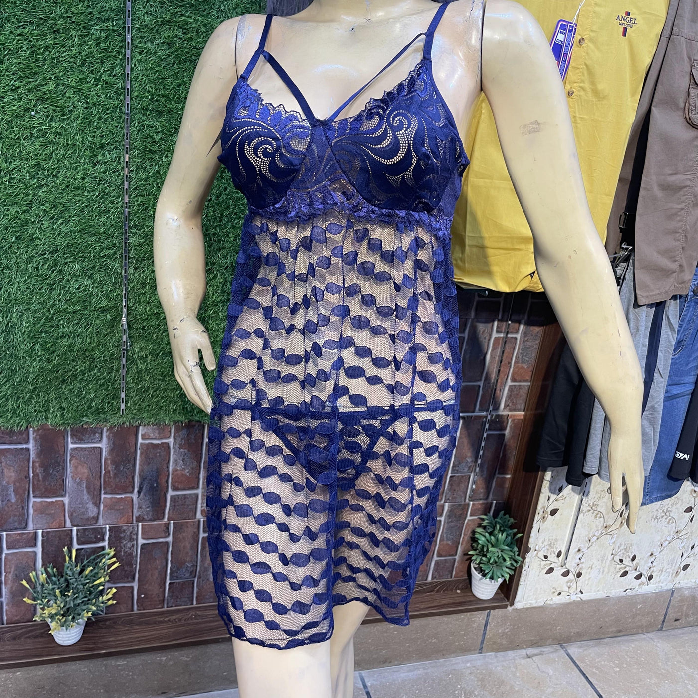 Elegant Navy Blue Lace Sheer Lingerie Dress