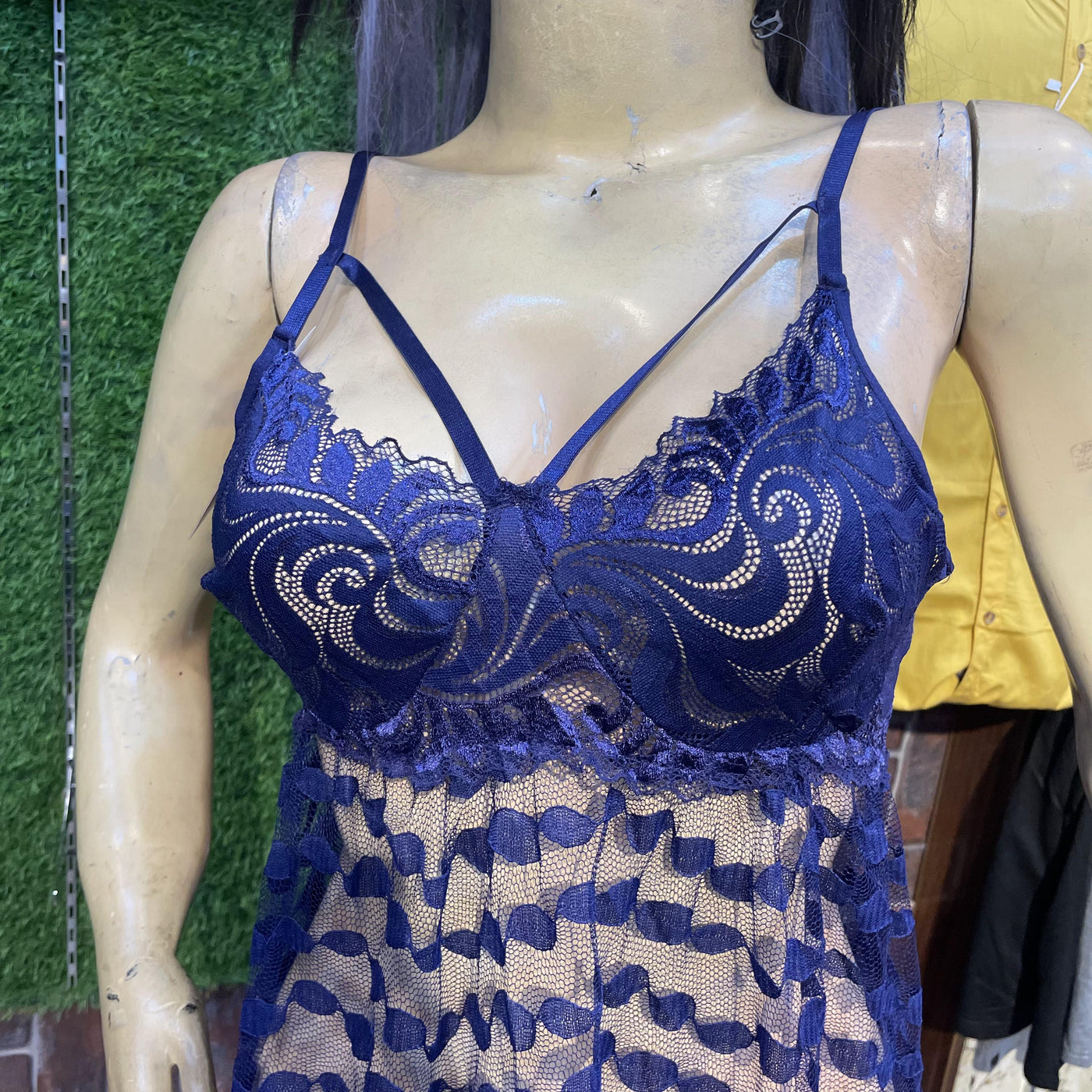 Elegant Navy Blue Lace Sheer Lingerie Dress