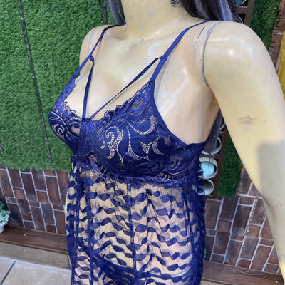 Elegant Navy Blue Lace Sheer Lingerie Dress