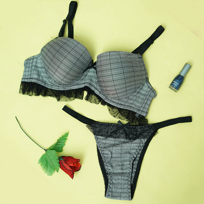 Pattern Lace Trim Padded Bra & Panty Set