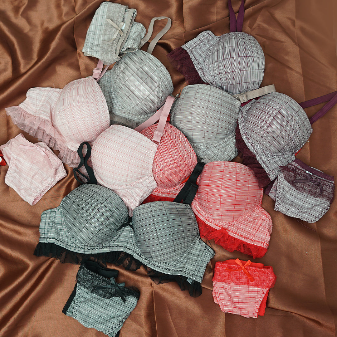 Pattern Lace Trim Padded Bra & Panty Set