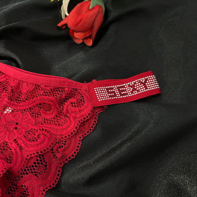 Floral Lace Thong with Crystal Strap Detail