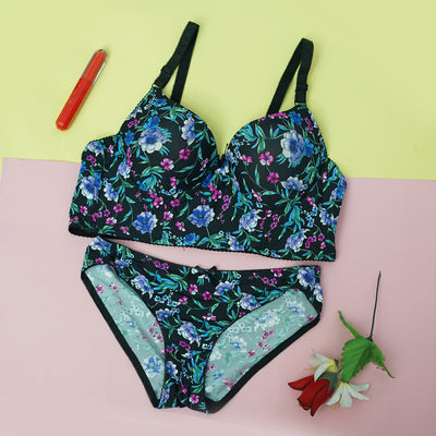 2-Piece Floral Print Push-Up Bra & Underwear Set