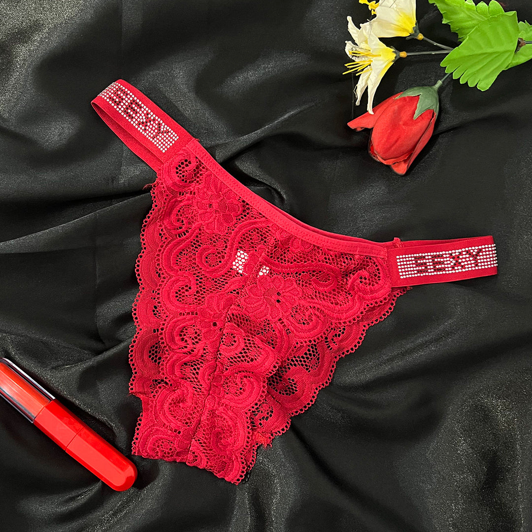 Floral Lace Thong with Crystal Strap Detail