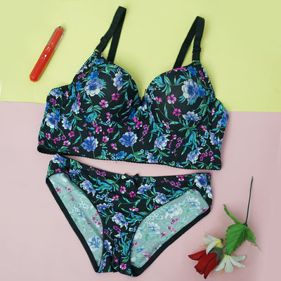 2-Piece Floral Print Push-Up Bra & Underwear Set