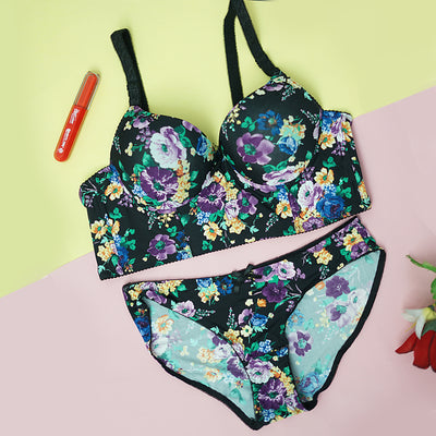 2-Piece Floral Print Push-Up Bra & Underwear Set