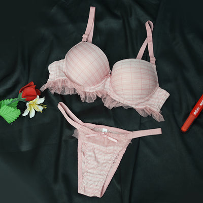 Pattern Lace Trim Padded Bra & Panty Set