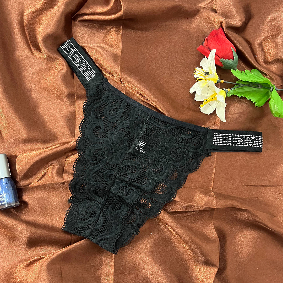 Floral Lace Thong with Crystal Strap Detail