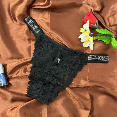 Floral Lace Thong with Crystal Strap Detail