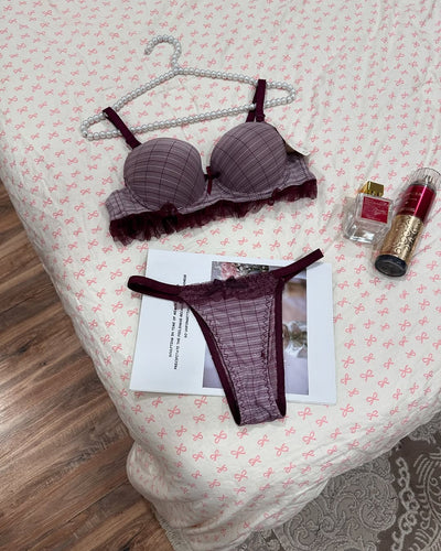 Pattern Lace Trim Padded Bra & Panty Set